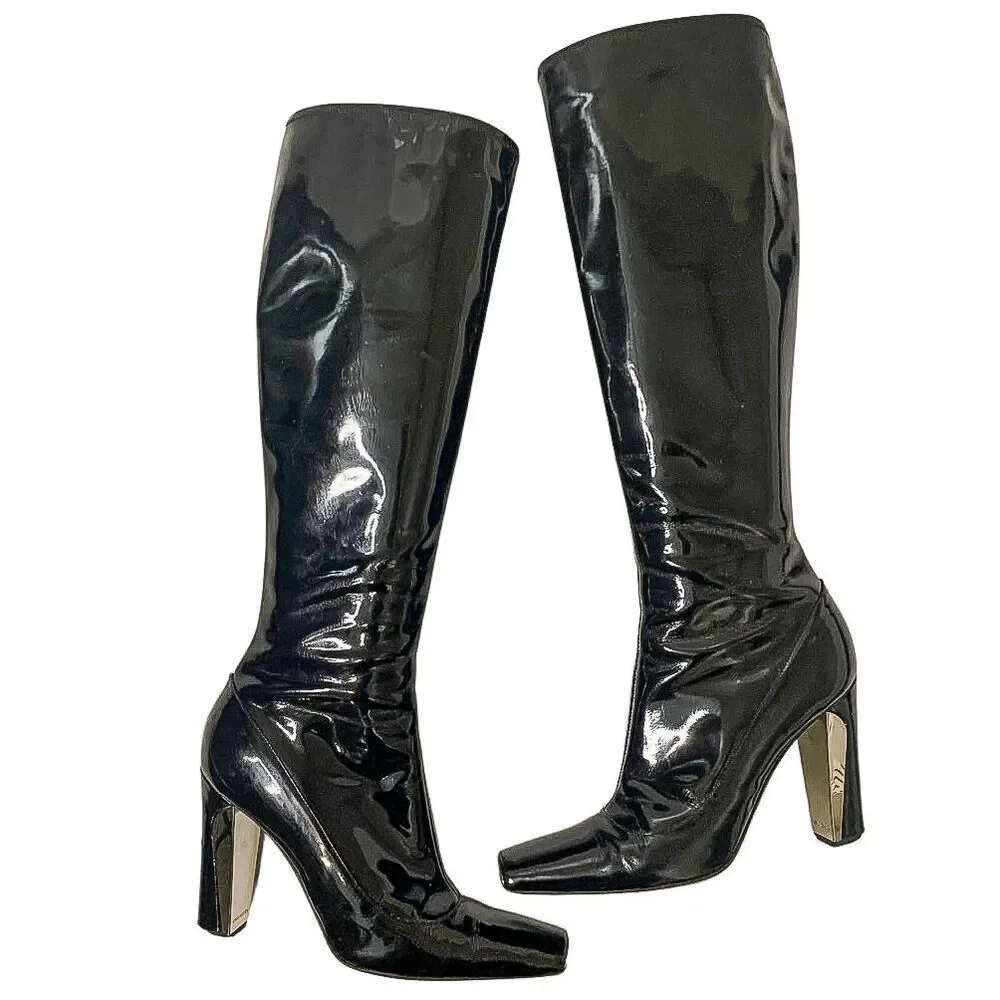 Louis Vuitton Black Patent Leather Knee High Heeled Boots EU 36.5 Square Toe